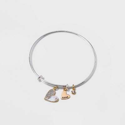 Silver Plated 'Nana' Cubic Zirconia Mother of Pearl Two-Tone Metal Bangle Bracelet - Silver