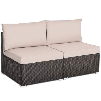 Tangkula 2-Piece Outdoor Wicker Rattan Sectional Armless Sofa Chair with Cushions