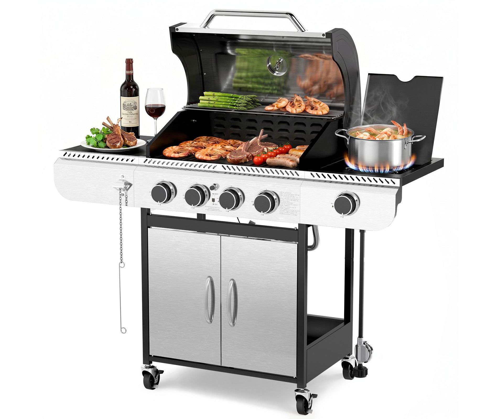 R.W.FLAME 4-Burner Propane Gas Grill with Side Burner, 42,000 BTU Stainless Steel BBQ Grill for Outdoor Cooking, with Cast Iron Grates, Baking Pan
