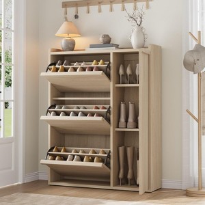 Acekool Shoe Storage Cabinet with Flip Drawers and Side Door, Hidden Organizer Shoe Rack, Natural Wood - 1 of 4