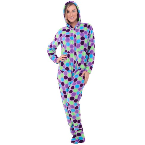 ADR Women s Hooded Footed Pajamas Plush Adult Onesie Winter PJs with Hood Purple Polka Dots Medium