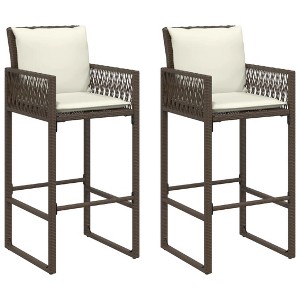vidaXL Brown Patio Bar Stools with Cushions - 2 Pcs, PE Rattan, Powder-Coated Steel, 31.5" Seat Height, Removable Covers - 1 of 4