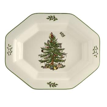 Spode Christmas Tree Octagonal Server, 9.5 Inch Serving Tray for Swerving Vegetables, Chicken, Dinner, Made of Earthenware
