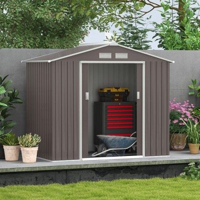Gray Metal Outdoor Storage Shed with Vents and Sliding Doors