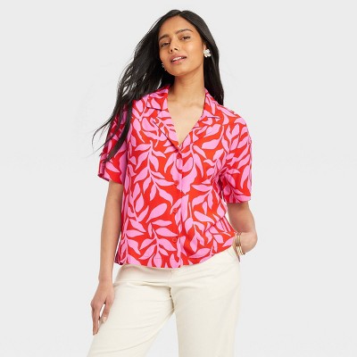 Women's Crepe Short Sleeve Button-down Shirt - A New Day™ Pink Red Leaf 