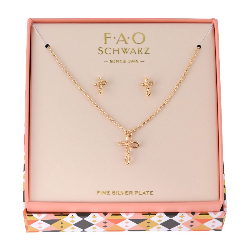FAO Schwarz Gold Tone Open Cross Pendant Necklace and Earring Set, 2 of 4