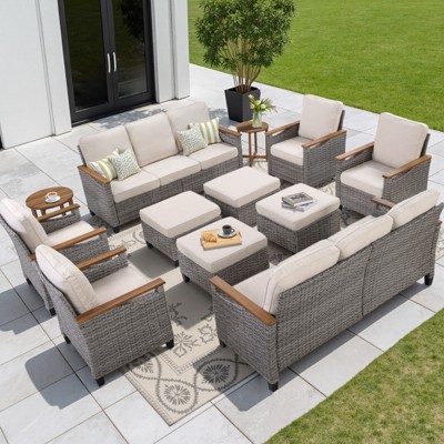 Buenhomino 12-Piece Outdoor Patio Set – 4 Single Chairs, 2 Sofas, 2 Side Tables & 4 Ottomans, All-Weather Wicker with Cushions, Beige