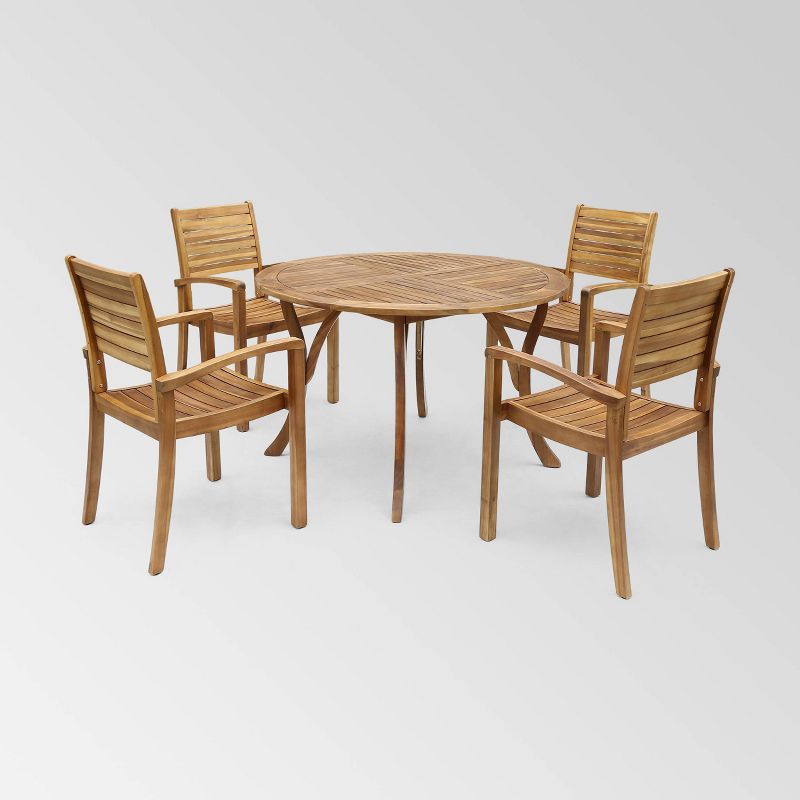 Wells 5 pc Acacia Wood Round Dining Set Teak Finish - Christopher Knight Home, 3 of 7
