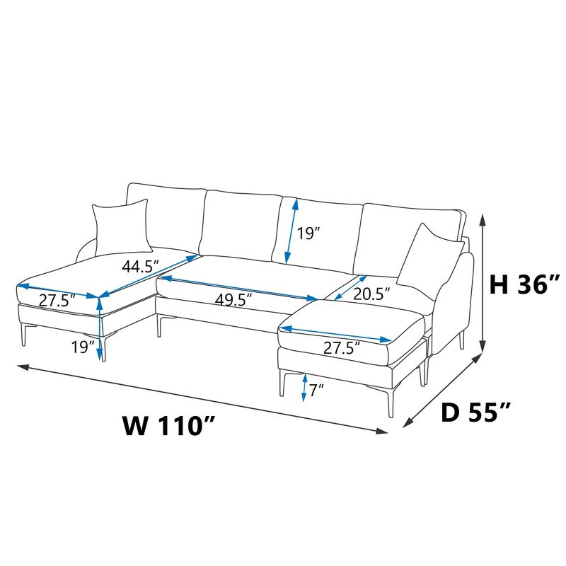 110''W Sectional Sofa Couch, U-Shape Upholstered Convertible Sofa with Chaise Lounge-ModernLuxe, 5 of 9