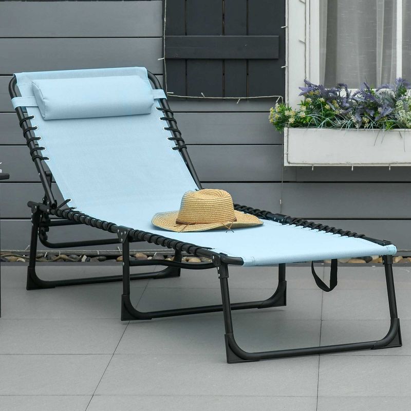 Folding Chaise Lounge Pool Chair with 4-Position Reclining Back, Pillow, Breathable Mesh & Bungee Seat, 3 of 12