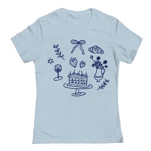 Rerun Island Women's Cake Wine Flowers Croissant Short Sleeve Graphic Cotton T-Shirt - Light Blue L - 1 of 4