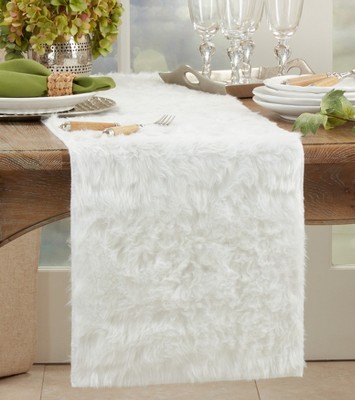 White Faux Fur Polyester Table Runner, 15" x 54"