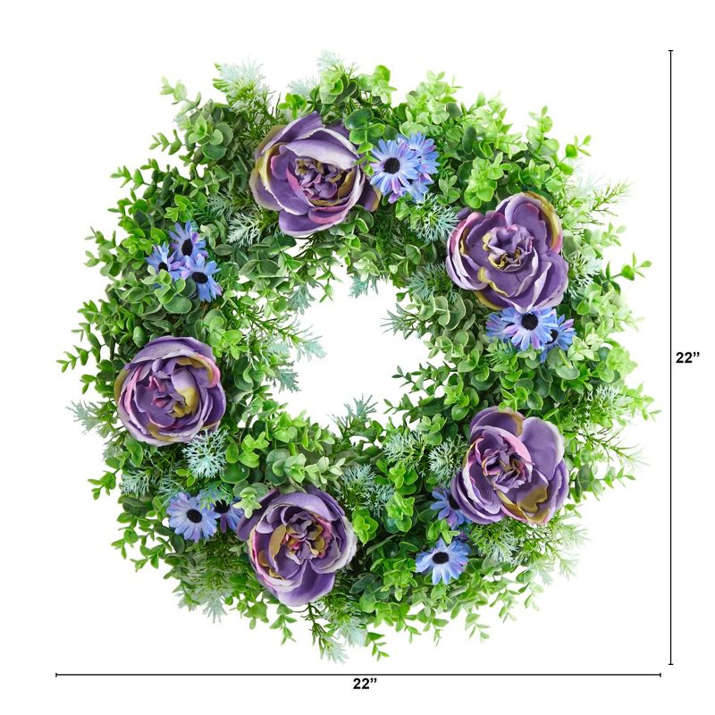 Nearly Natural 22” Purple Rose, Blue Daisy and Greens Artificial Wreath, 2 of 5