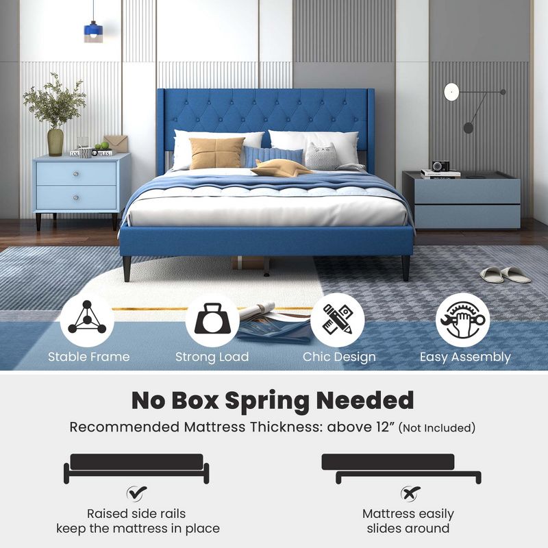 Costway Queen Size Upholstered Platform Bed with Button Tufted Wingback Headboard Blue/Grey, 4 of 11