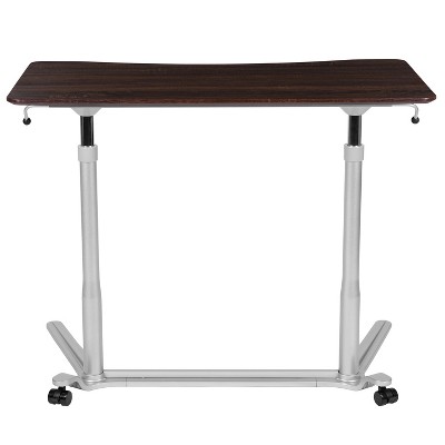 Adjustable Dark Wood Grain Sit/Stand Mobile Desk with Keyboard Tray