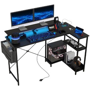 58" Reversible L Shaped Computer Desk, Corner Desk with Monitor Stand, Power Outlets and LED Lights - 1 of 4