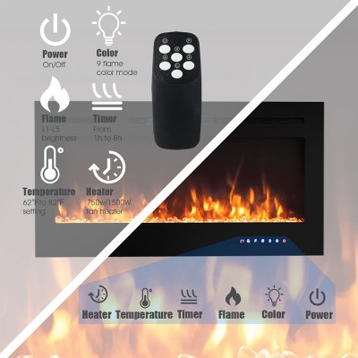 40-Inch Black Tempered Glass Electric Fireplace with Multi-Color Flames