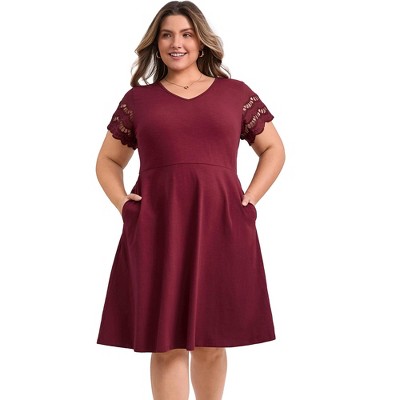 Women's Plus Size Hollow Out V-Neck Elastic Waist Short Sleeve Summer Comfty A-Line Dresses with Pockets - GRACE & GRANDEUR