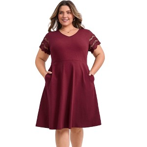 Women's Plus Size Hollow Out V-Neck Elastic Waist Short Sleeve Summer Comfty A-Line Dresses with Pockets - GRACE & GRANDEUR - 1 of 4