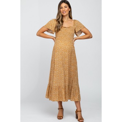 PinkBlush Mustard Floral Smocked Maternity Maxi Dress