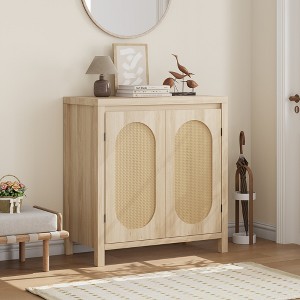 30" Mid Century Sideboard Buffet - Retro Storage Cabinet with Rattan Doors & Adjustable Shelves, Boho Chic Accent Console for Living Room - 1 of 4