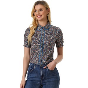 INSPIRE CHIC Women's Peter Pan Collar Contrast Trim Puff Sleeve Peasant Floral Shirt - 1 of 4