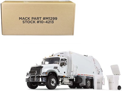 Mack Granite MP Refuse Garbage Truck with McNeilus Rear Loader & Trash Bins White 1/34 Diecast Model by First Gear