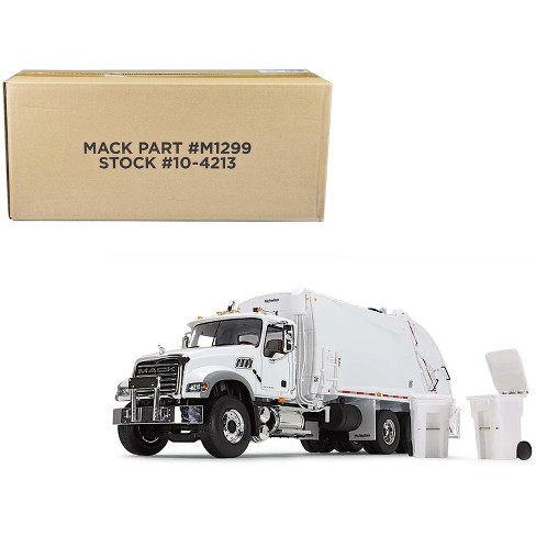 Mack Granite MP Refuse Garbage Truck with McNeilus Rear Loader & Trash Bins  White 1/34 Diecast Model by First Gear