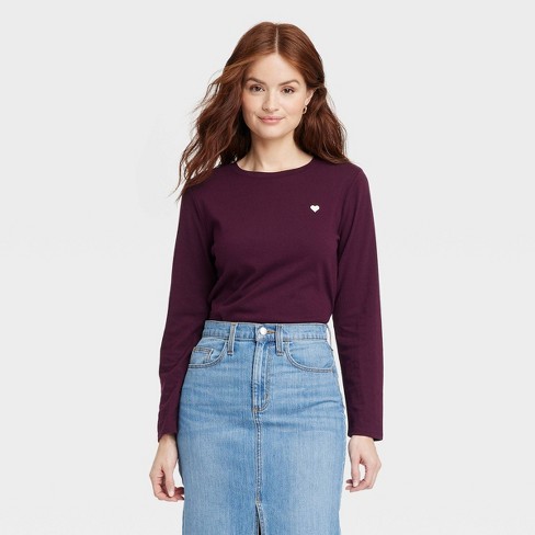 Women's Long Sleeve Embroidered Heart T-shirt - A New Day™ : Target