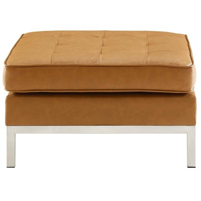 Loft Tufted Tan Faux Leather Ottoman with Silver Legs