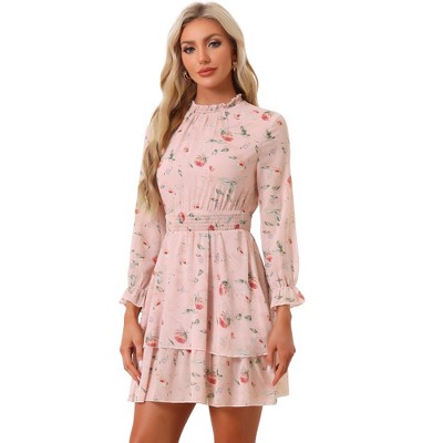 INSPIRE CHIC Women's Floral Long Sleeve Mock Neck Ruffle Layered Smocked Mini Dress