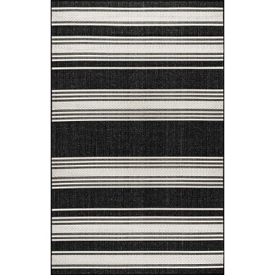 Black and White Striped Synthetic 5' x 8' Indoor/Outdoor Rug