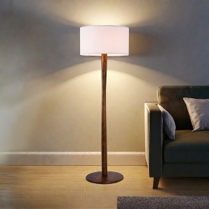 61" Modern Walnut Wood Column Floor Lamp with Linen Drum Shade, Standing Lamp for Living Room, Bedroom, Office, Study, Hallway - 1 of 4