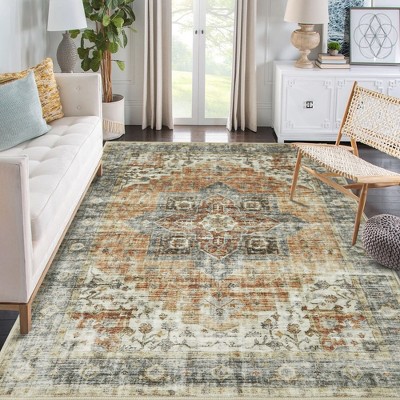 Washable Vintage Persian Area Rug Floral Print Distressed Oriental Rug