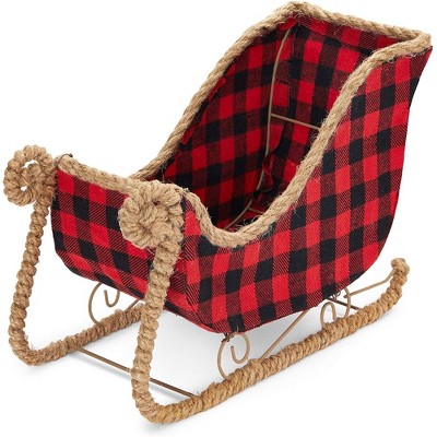 Santa Claus Christmas Sleigh Decoration, Buffalo Plaid Table Centerpiece for Holiday Decor