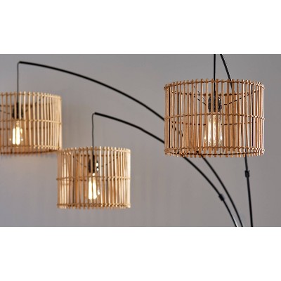 Bohemian Bronze 3-Light Arc Floor Lamp with Rattan Shades