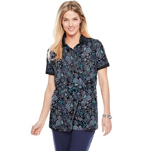 Woman Within Women's Plus Size Perfect Printed Short-Sleeve Polo Shirt - 1 of 4