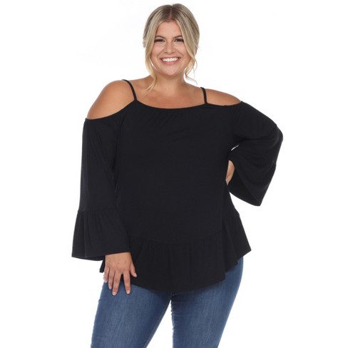 Plus Size Cold Shoulder Ruffle Sleeve Top Black 1X- White Mark