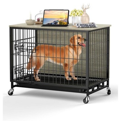 Garvee 27.2" Small Dog Crate Furniture, Dog Crate Furniture with Double-Doors, Wooden Dog Kennel Indoor with Removable Tray and Wheels, Gray
