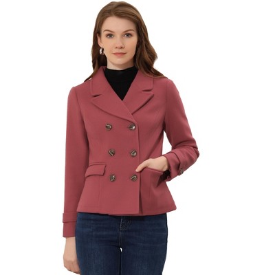 Allegra K Women's Notched Lapel Double-breasted Pea Coat Dark Pink ...