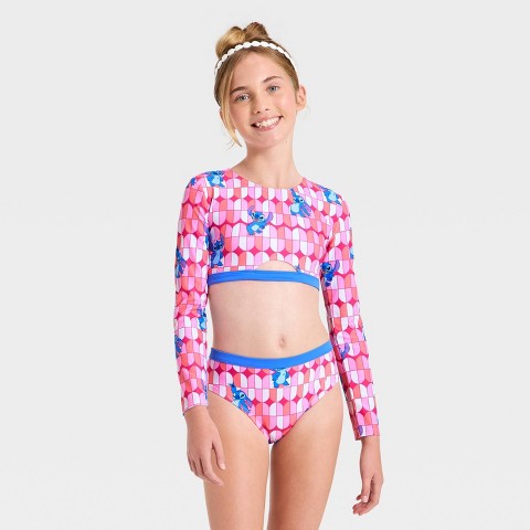 Disney Girls' Stitch Long Sleeve Bikini Set - Pink M