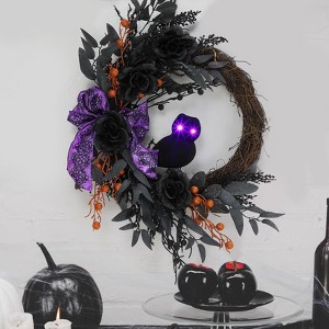 22" Halloween Lighted Eyes Owl Garland, Spooky Door Wreath with Ribbon Rose Berries Hanging Decor for Front Door Home Party Halloween Decoration - 1 of 4