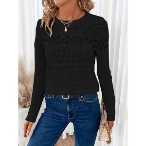 Womens Long Sleeve Lace Patchwork T-shirt Fall Causal Crew Neck Solid Color Shirt Top Blouse Black XL - 1 of 2