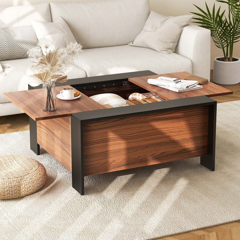 Costway 36.5'' Coffee Table Square Cocktail Tea Table with Sliding Top & Hidden Compartment Rustic Brown/Walnut/Grey, 3 of 11