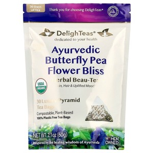 DelighTeas Ayurvedic Butterfly Pea Flower Bliss, Herbal Beau-Tea, Caffeine Free, 30 Luxury Pyramid Tea Bags, 2.1 oz (60 g) - 1 of 2