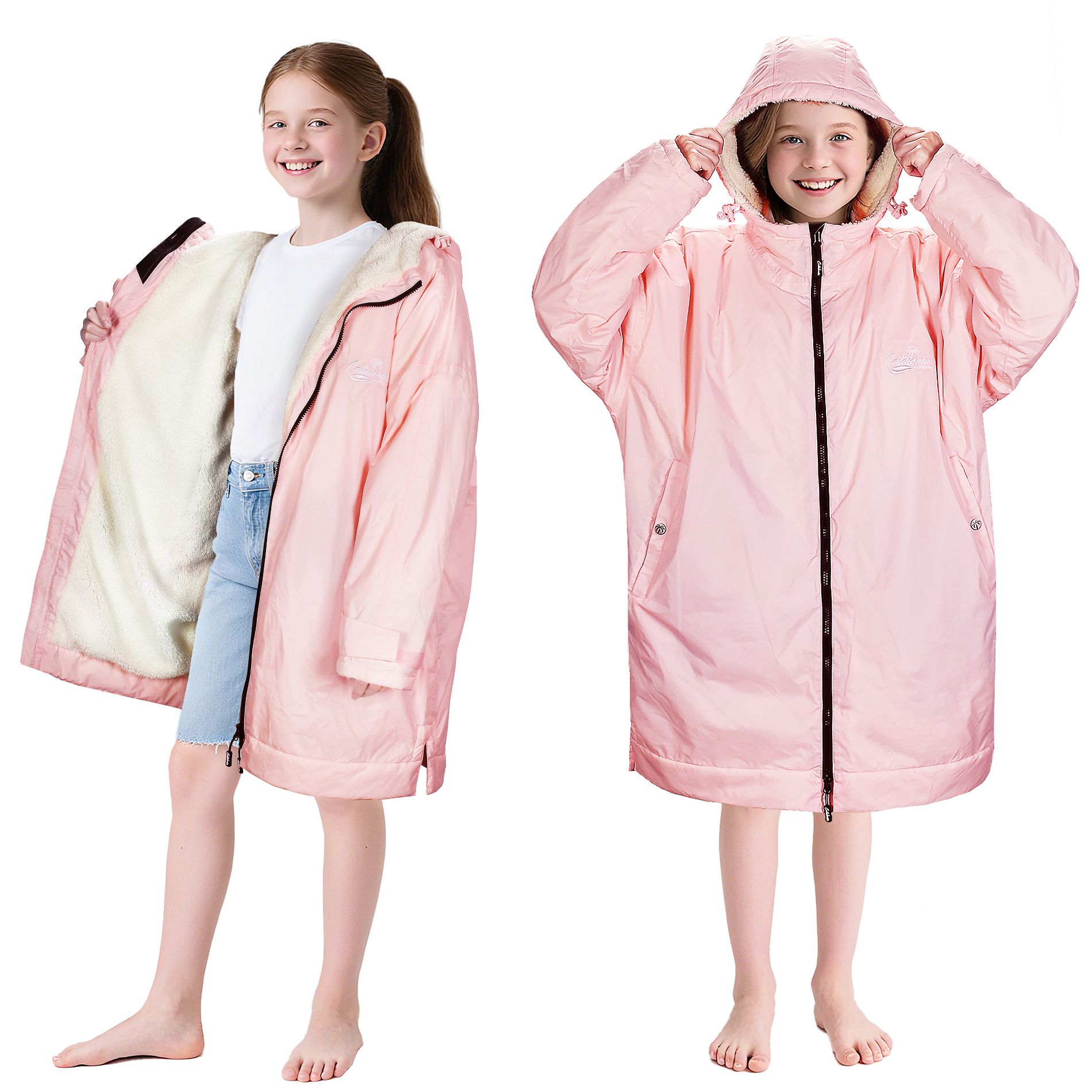 Catalonia Swim Parka for Kids Teens, Lightweight Waterproof Windproof Swim Jacket, Fleece-Lined Warm Changing Coat for Swim Lessons, Beach(Pink, XXS)