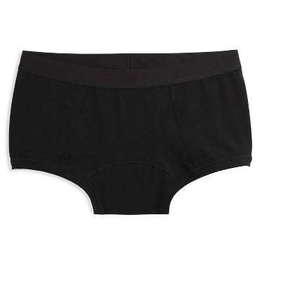 Image of TomboyX Women's First Line Period Leakproof Boy Shorts Underwear, Cotton Stretch Comfort (3XS-6X) X= Black Medium