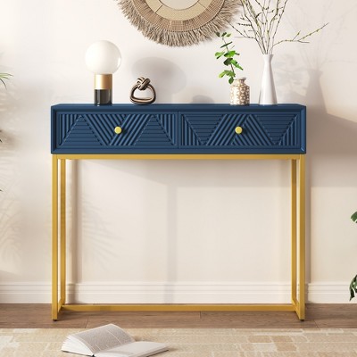 Whisen Modern Stripe Design Console Table with Two Drawers and Metal Legs
