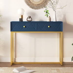 Whisen Modern Stripe Design Console Table with Two Drawers and Metal Legs - 1 of 4