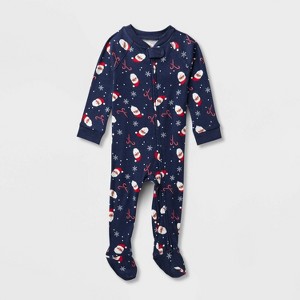 Baby Santa Print Ribbed Holiday Matching Family Footed Pajamas - Wondershop™ Navy Blue - 1 of 2